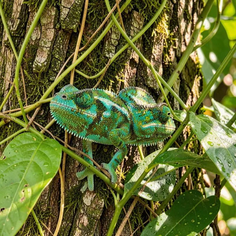 Turquoise Chameleon Camouflaged on Bark Jigsaw Puzzle