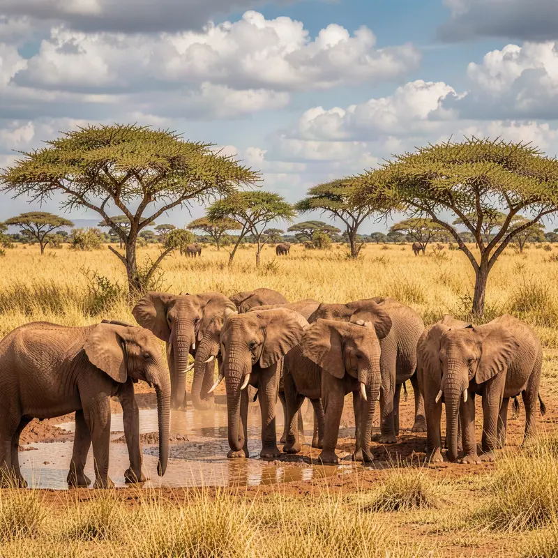 Elephant Herd at Savanna Waterhole Jigsaw Puzzle