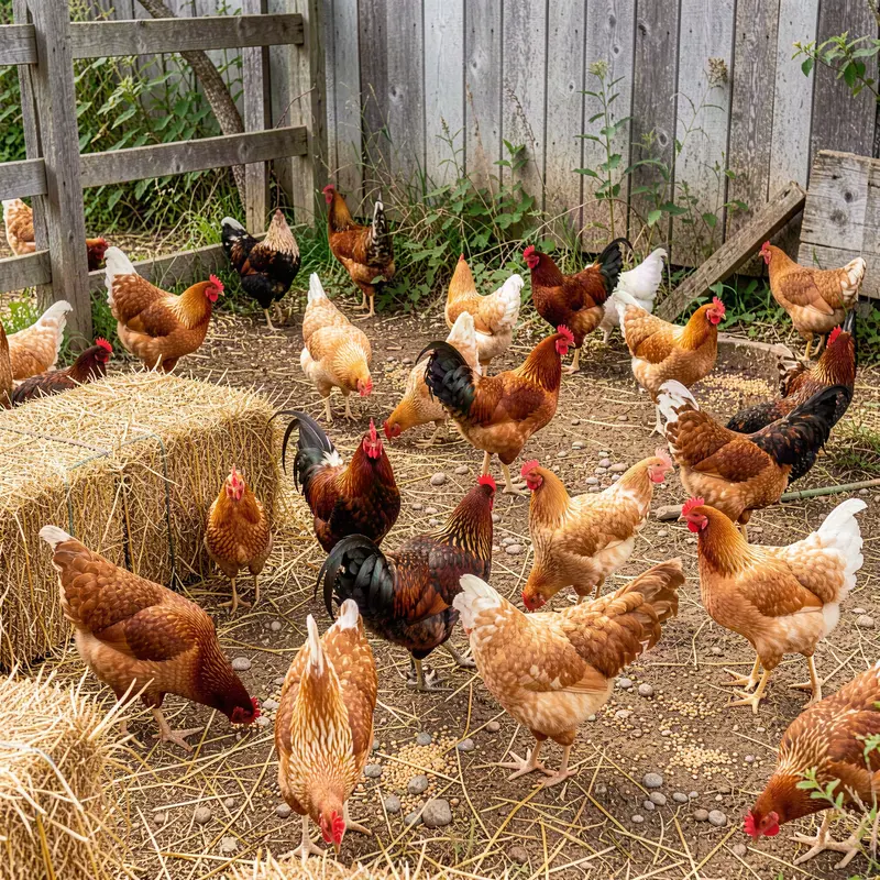 Farmyard Chickens Foraging Near Hay Bales Jigsaw Puzzle