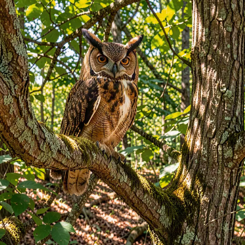 Great Horned Owl Perched in Sunlit Forest Jigsaw Puzzle