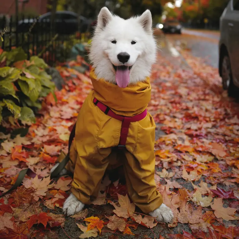Samoyed in Yellow Raincoat on Autumn Leaves Jigsaw Puzzle