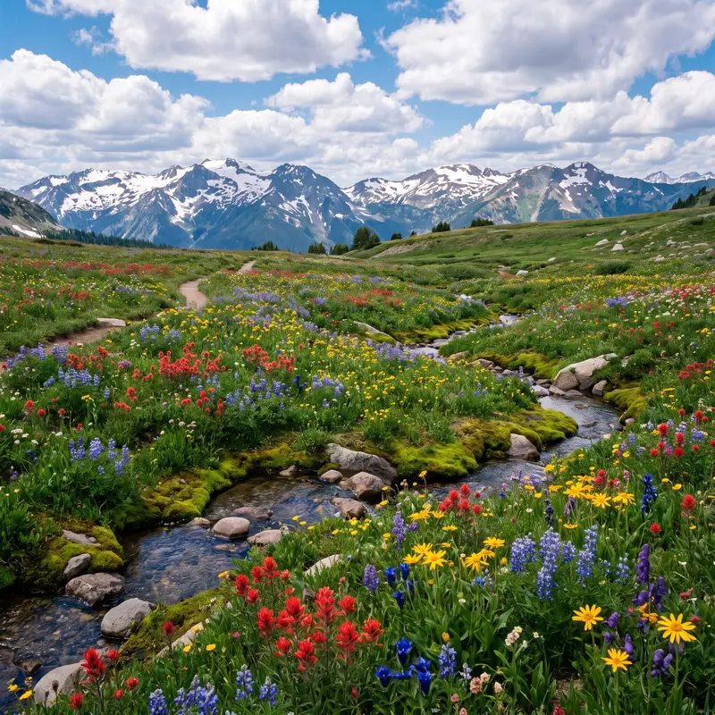 Alpine Wildflowers Beneath Snowy Peaks Jigsaw Puzzle