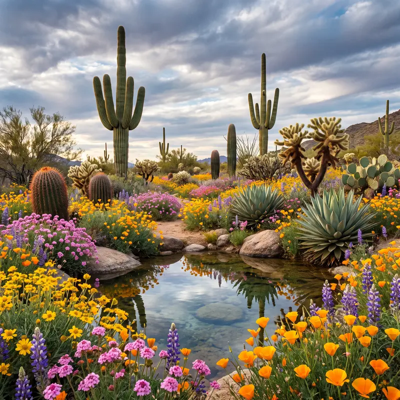 Desert Wildflowers Bloom Around Saguaro Oasis Jigsaw Puzzle