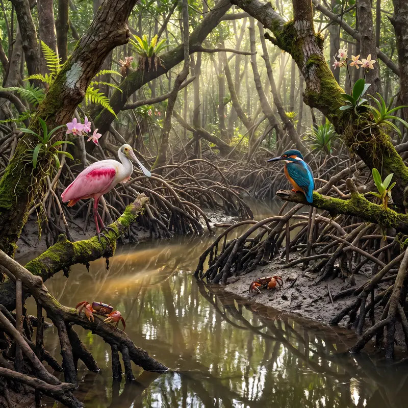 Spoonbill and Kingfisher in Mangrove Forest Jigsaw Puzzle