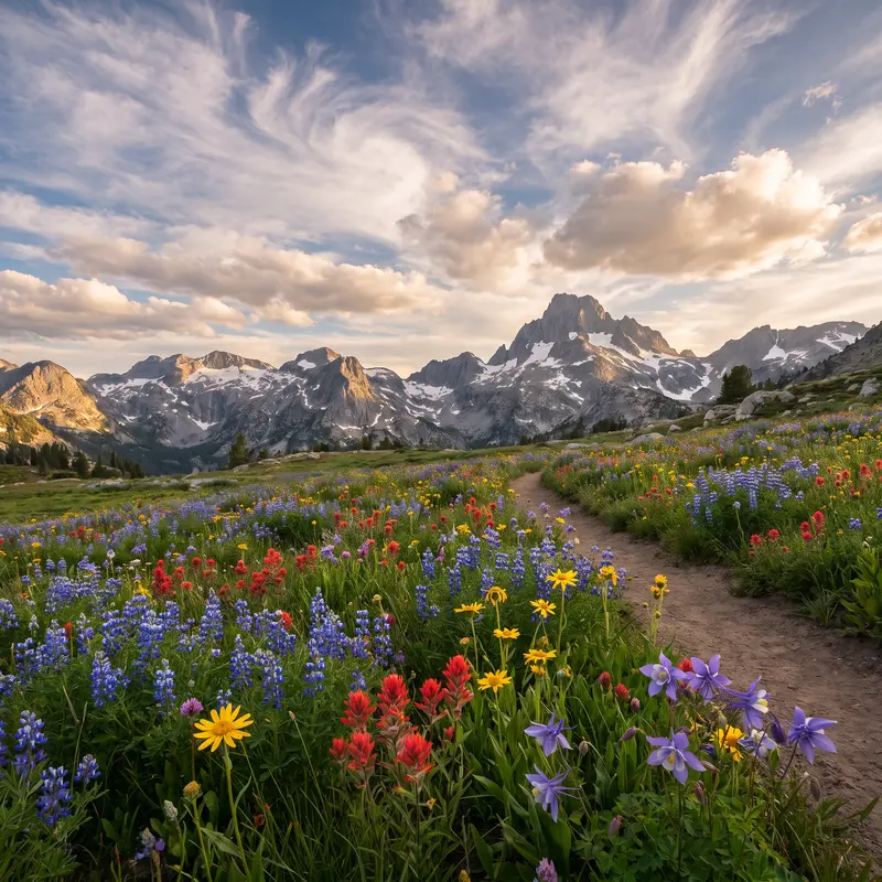 Wildflower Meadow Beneath Snowy Peaks Jigsaw Puzzle
