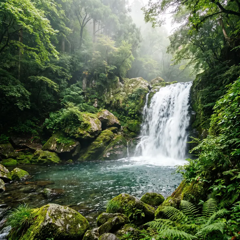 Misty Waterfall in a Mossy Forest Jigsaw Puzzle