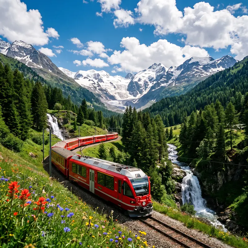 Red Alpine Train Through Swiss Mountains Jigsaw Puzzle