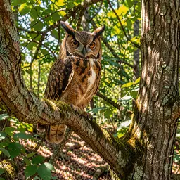 Great Horned Owl Perched in Sunlit Forest — Animals jigsaw puzzle