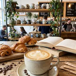 Latte Art and Croissants at a Cozy Cafe — Food jigsaw puzzle
