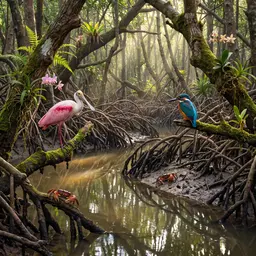 Spoonbill and Kingfisher in Mangrove Forest — Nature jigsaw puzzle
