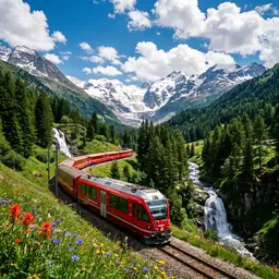 Red Alpine Train Through Swiss Mountains — Travel jigsaw puzzle